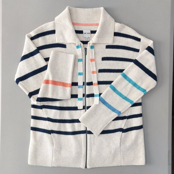 NIC+Zoe Cardigan Medium Zip Front Collar Cream Stripes Preppy Sporty - Picture 13 of 13